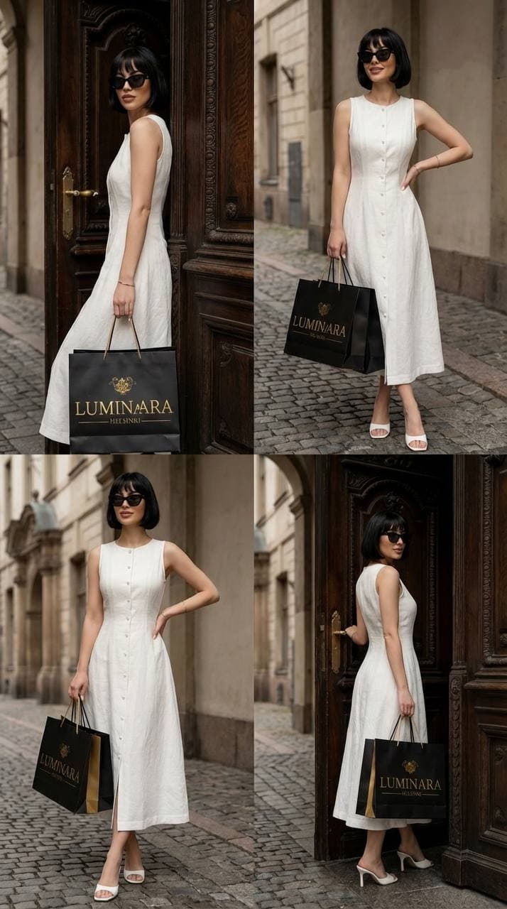 Editorial study of a model in a white dress carrying Luminaara Helsinki bags through the city