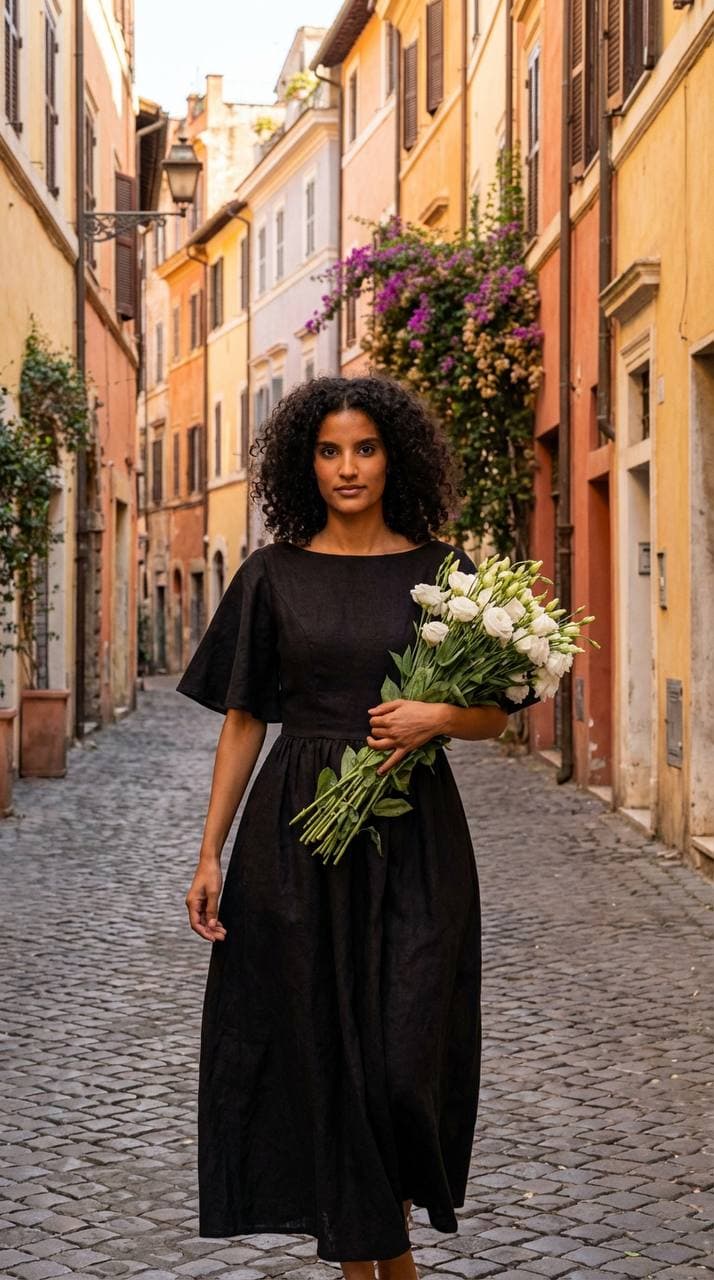 Model in a black linen dress holding white blooms on a sunlit Roman street