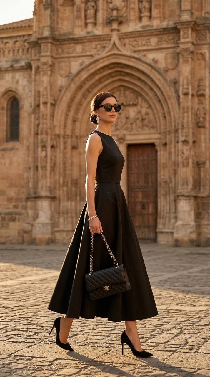 Model in a black dress walking before a carved stone cathedral facade